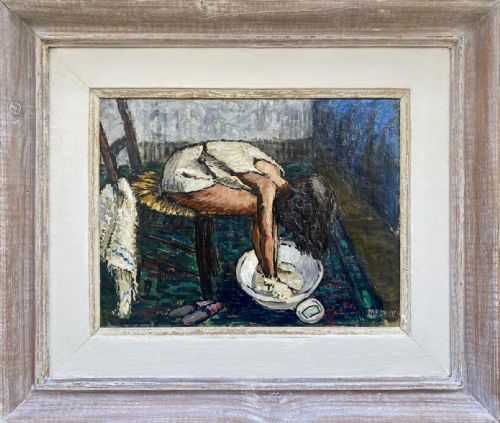 fig 1. Young Woman soaping her Feet, ca 1940 interior scene French oil on canvas.