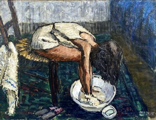Young Woman Soaping Her Feet, Ca 1940 Interior Scene French Oil on Canvas.