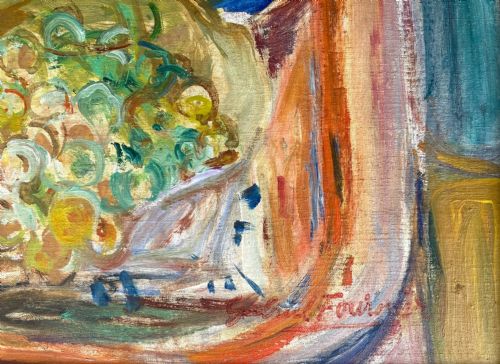 fig 2. A mid-20th-century colourist still life oil painting on canvas depicting a yellow pitcher, fruit bowl, and vessel arranged on a table against a blue backdrop.