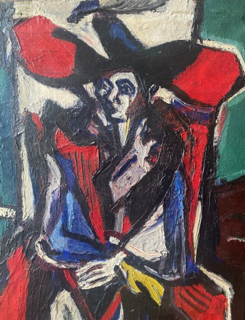 fig 1. A mid-century avant-garde oil painting on canvas depicting an abstracted figure seated in a red armchair against a green background.