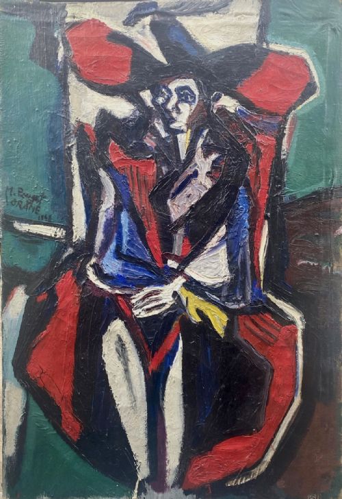 fig 2. A mid-century avant-garde oil painting on canvas depicting an abstracted figure seated in a red armchair against a green background.