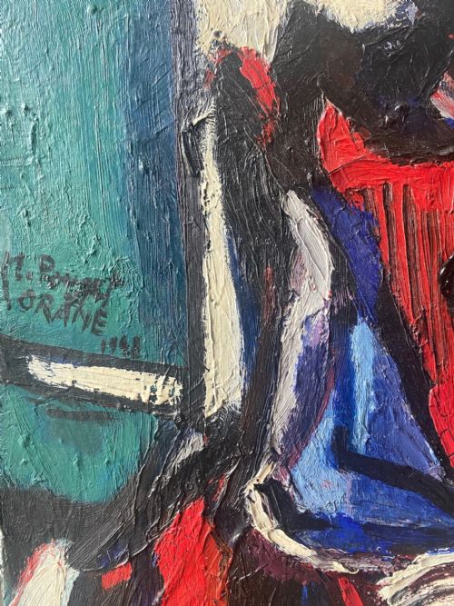 fig 3. A mid-century avant-garde oil painting on canvas depicting an abstracted figure seated in a red armchair against a green background.