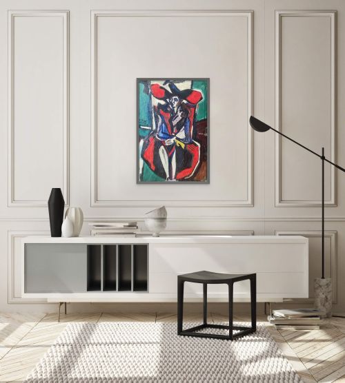 fig 7. A mid-century avant-garde oil painting on canvas depicting an abstracted figure seated in a red armchair against a green background.