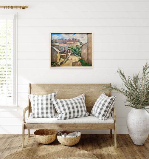 CUBIST VILLAGE SCENE CA 1925 ART DECO PERIOD PAINTING BY FRANCO SWISS WOMAN ARTIST LUMINOUS OIL ON CANVAS - ADDITIONAL PHOTO 6