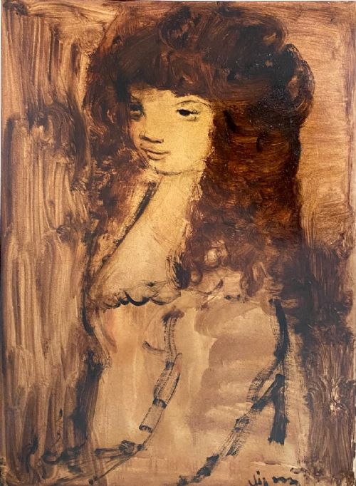 Baroque Woman Ca 1950 Female Figure in Earthen Monochrome, Austrian Magical Surrealist Expressionist Oil on Paper