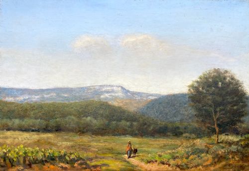 WOMAN ON A PATH SPRING IN PROVENCE CA 1870 THE ALPILLES SOUTH OF FRANCE LANDSCAPE OIL ON CANVAS