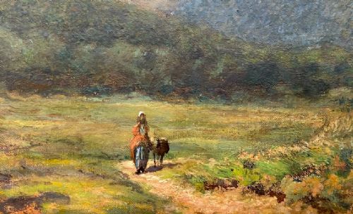 fig 1. A nineteenth-century oil painting on canvas depicting a Provencal landscape with a central dirt path, a figure, and distant blue mountains under a light sky.