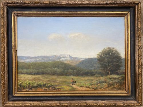 fig 2. A nineteenth-century oil painting on canvas depicting a Provencal landscape with a central dirt path, a figure, and distant blue mountains under a light sky.
