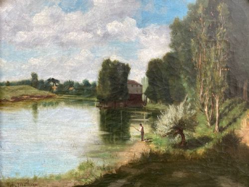fig 2. Little Angler in a sunny landscape, ca 1840, French plein air oil on canvas painting