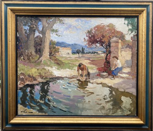 fig 1. A mid-century French oil painting depicting two washerwomen working beside a reflecting stream in a sunlit Provencal countryside landscape.