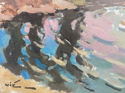 fig 2. A mid-century French oil painting depicting two washerwomen working beside a reflecting stream in a sunlit Provencal countryside landscape.