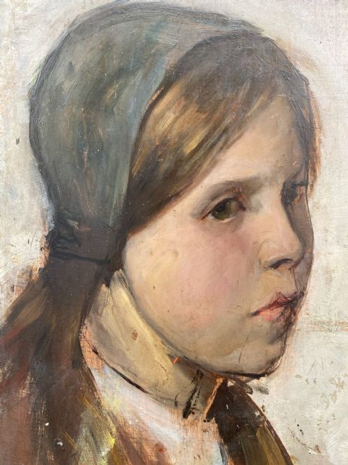 fig 1. An 1889 oil painting on panel depicting the side profile of a young girl wearing a dark headscarf.