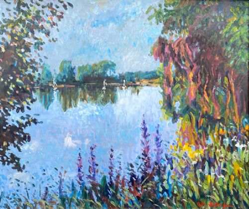 Summer Vegetation by the River, Ca 1960, French Fauve Abstracted Landscape Oil on Board