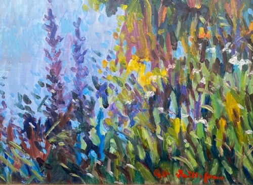 fig 1. Summer vegetation by the River, ca 1960, French fauve abstracted landscape oil on board