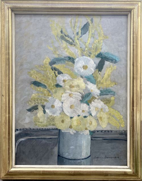 fig 1. Mimosas, White and Yellow Flowers, ca 1920 woman artist ca 1920 French Arts and Crafts oil on board 
