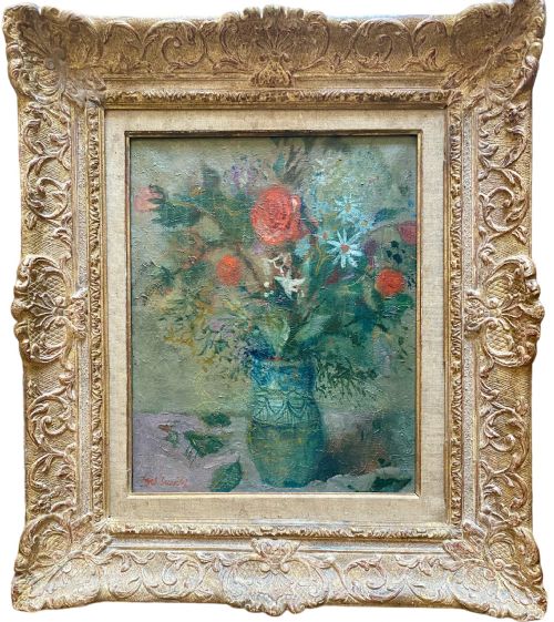 Roses and Marguerite Daisies, Ca 1950: Poetic French Floral Still Life Ex Galerie Cardo, Paris Oil on Canvas
