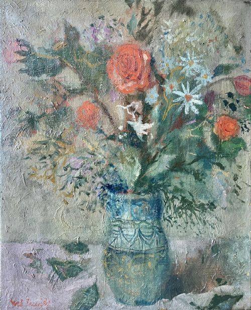 fig 1. Roses and Marguerite Daisies, ca 1950: poetic French floral still life ex Galerie Cardo, Paris oil on canvas