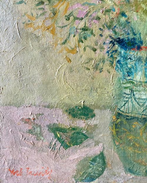 fig 2. Roses and Marguerite Daisies, ca 1950: poetic French floral still life ex Galerie Cardo, Paris oil on canvas