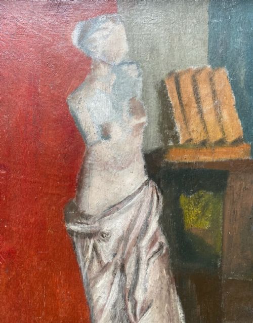 fig 2. A framed oil painting on board depicting a classical draped torso sculpture set against a split red and blue interior background.