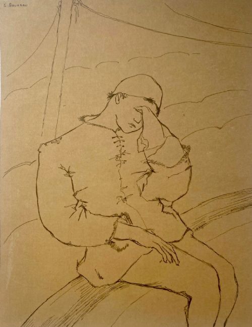poetic pierrot the melancholy clown ca 1930 art deco period original french line drawing on paper - CATEGORY: ANTIQUE ART - DATED 1930