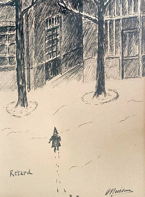 fig 1. Late for School, ca 1900, stomping in the snow delicate and evocative French line drawing on paper