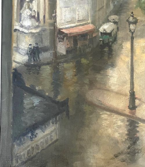 fig 1. The City after the rain, ca 1920, figures in the Latin Quarter, animated Paris street scene woman artist oil on canvas 