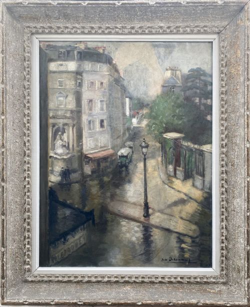 fig 2. The City after the rain, ca 1920, figures in the Latin Quarter, animated Paris street scene woman artist oil on canvas 