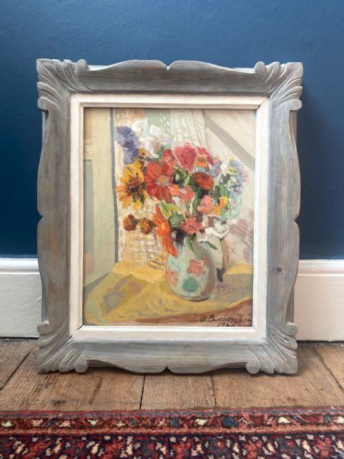 COTTAGE FLOWERS 1940 VIBRANT FRENCH FLORAL STILL LIFE OIL ON METAL - ADDITIONAL PHOTO 1