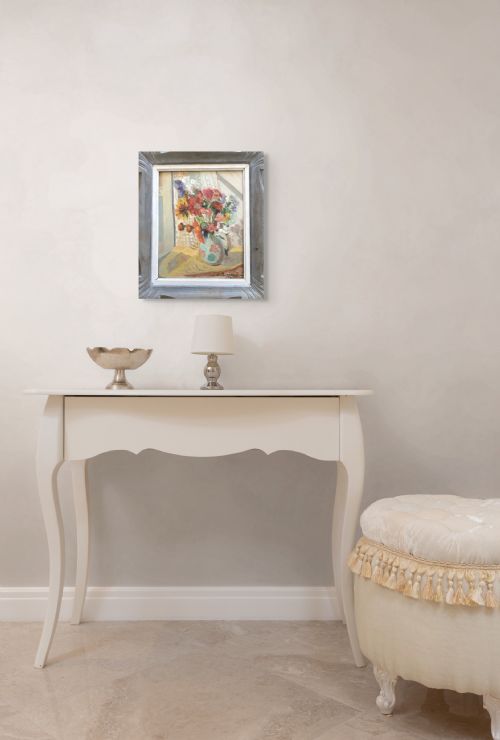 COTTAGE FLOWERS 1940 VIBRANT FRENCH FLORAL STILL LIFE OIL ON METAL - ADDITIONAL PHOTO 2