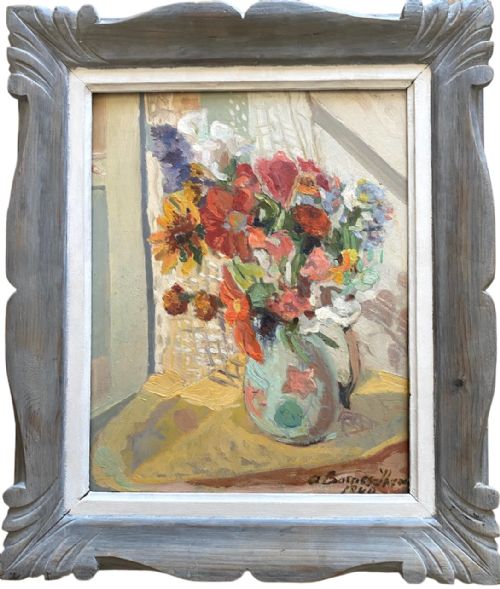 COTTAGE FLOWERS 1940 VIBRANT FRENCH FLORAL STILL LIFE OIL ON METAL - ADDITIONAL PHOTO 3