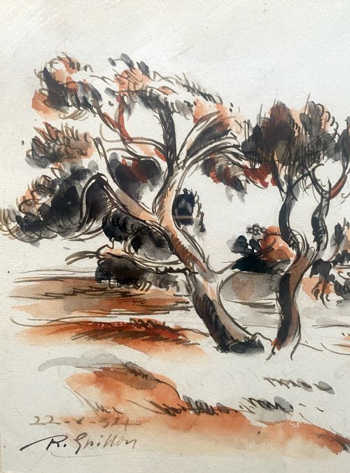 fig 1. A 1934 French two-colour ink line drawing depicting gnarled olive trees in a rolling rural landscape.