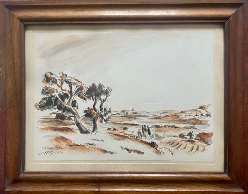 fig 3. A 1934 French two-colour ink line drawing depicting gnarled olive trees in a rolling rural landscape.