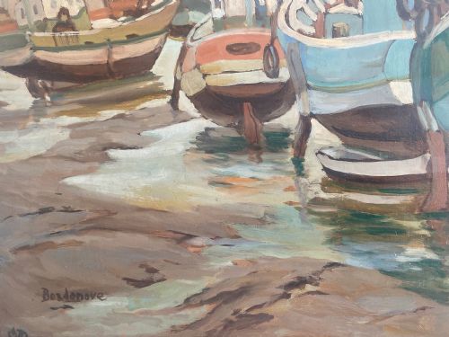 fig 1. The lighthouse, a busy harbour, maritime oil on canvas by French Pierre Bordenave