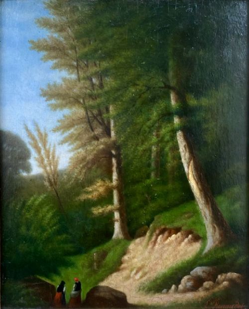 Two figures in a forest clearing, ca 1850, French Romantic period oil on panel painting 