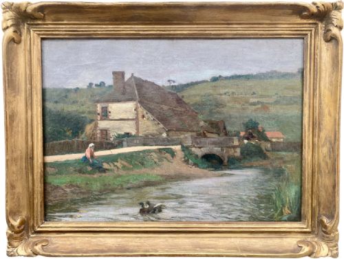 fig 1. An oil painting on canvas depicting a rural French river landscape with a stone cottage, bridge, seated figure, and ducks in muted green and brown tones.