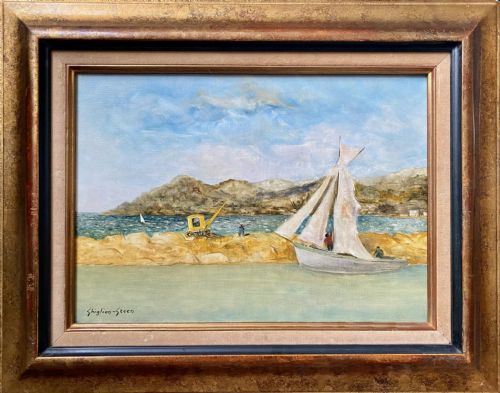 BUILDING A HARBOUR IN THE SOUTH OF FRANCE A SAILBOAT CANNES SUMMER 1964 OUTSIDER ARTIST OIL ON CANVAS - ADDITIONAL PHOTO 1