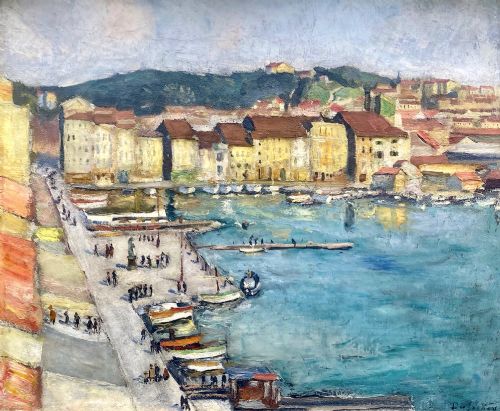 Masterpiece: Fauve animated harbour scene, ca 1910, the South of France, Georges Dusfrenoy French oil on canvas