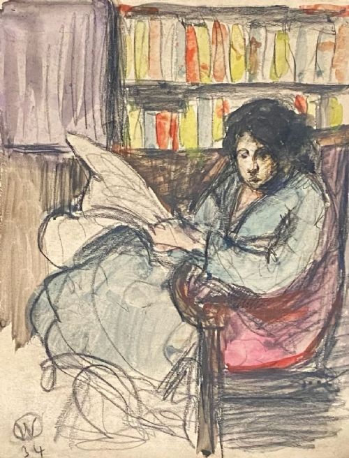Violette reading, 1934: the artist's wife, interior scene, graphite and watercolour painting on paper