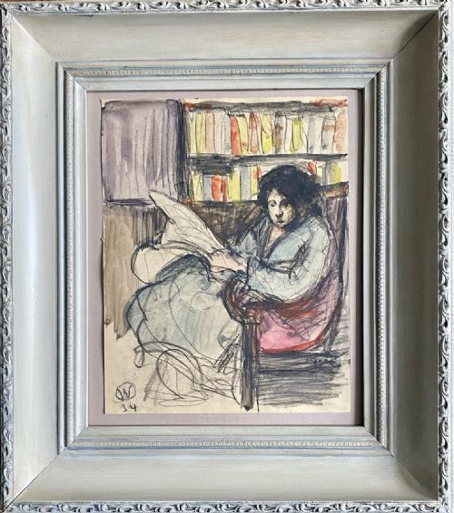 fig 1. Violette reading, 1934: the artist's wife, interior scene, graphite and watercolour painting on paper