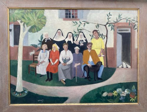 fig 1. An oil painting on canvas depicting a figurative group portrait including nuns, figures, and a dog seated outside a white building.