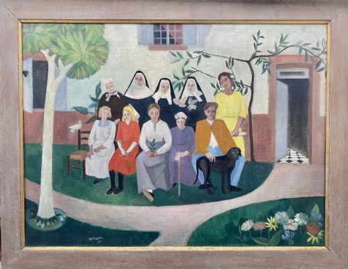 fig 2. An oil painting on canvas depicting a figurative group portrait including nuns, figures, and a dog seated outside a white building.