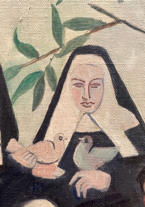 fig 4. An oil painting on canvas depicting a figurative group portrait including nuns, figures, and a dog seated outside a white building.