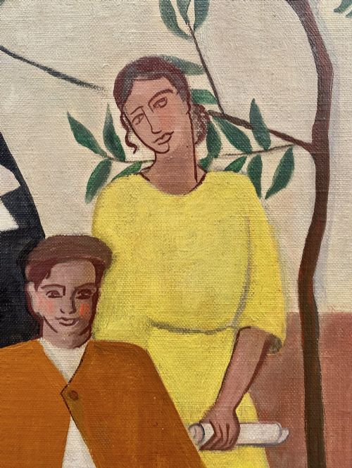 fig 5. An oil painting on canvas depicting a figurative group portrait including nuns, figures, and a dog seated outside a white building.