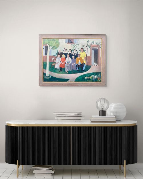 fig 6. An oil painting on canvas depicting a figurative group portrait including nuns, figures, and a dog seated outside a white building.