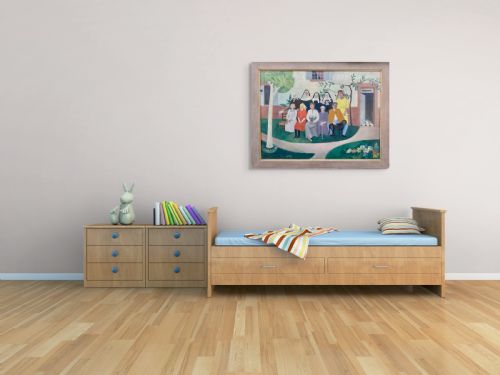 fig 7. An oil painting on canvas depicting a figurative group portrait including nuns, figures, and a dog seated outside a white building.