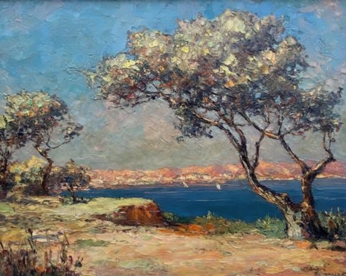 A Bay in the South of France, Mediterranean Summer Landscape, Provence, the Cote D'azur Oil on Canvas