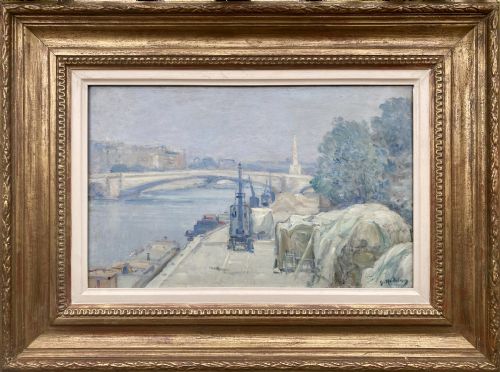 fig 1. Cityscape, The New Bridge, 1928: Work On The River Bank, Paris In The Morning Light French Impressionist Oil On Canvas