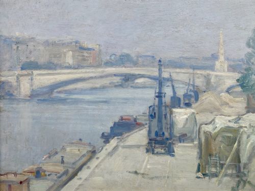 fig 2. Cityscape, The New Bridge, 1928: Work On The River Bank, Paris In The Morning Light French Impressionist Oil On Canvas