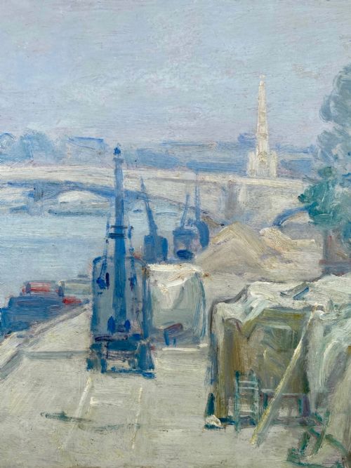 fig 3. Cityscape, The New Bridge, 1928: Work On The River Bank, Paris In The Morning Light French Impressionist Oil On Canvas