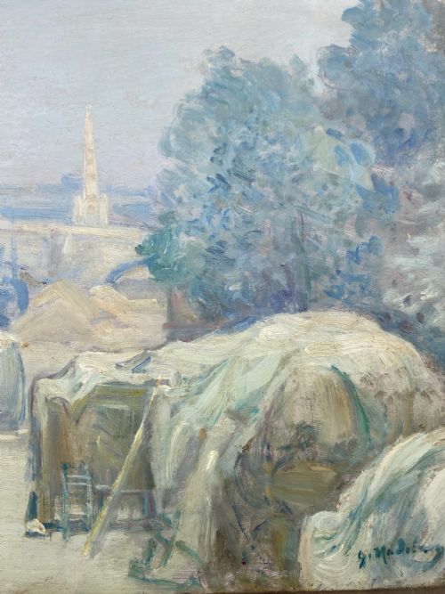 fig 4. Cityscape, The New Bridge, 1928: Work On The River Bank, Paris In The Morning Light French Impressionist Oil On Canvas